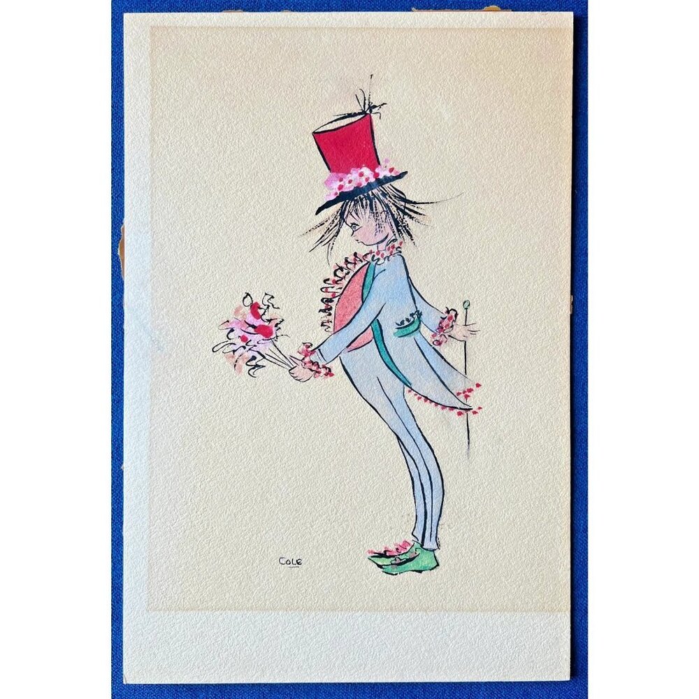 Vintage Original Mixed Medium Art Whimsical Figure Unframed 15"L X 10"W Kitch